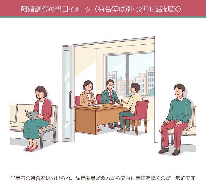 離婚調停の当日イメージ（待合室は別・交互に話を聴く）